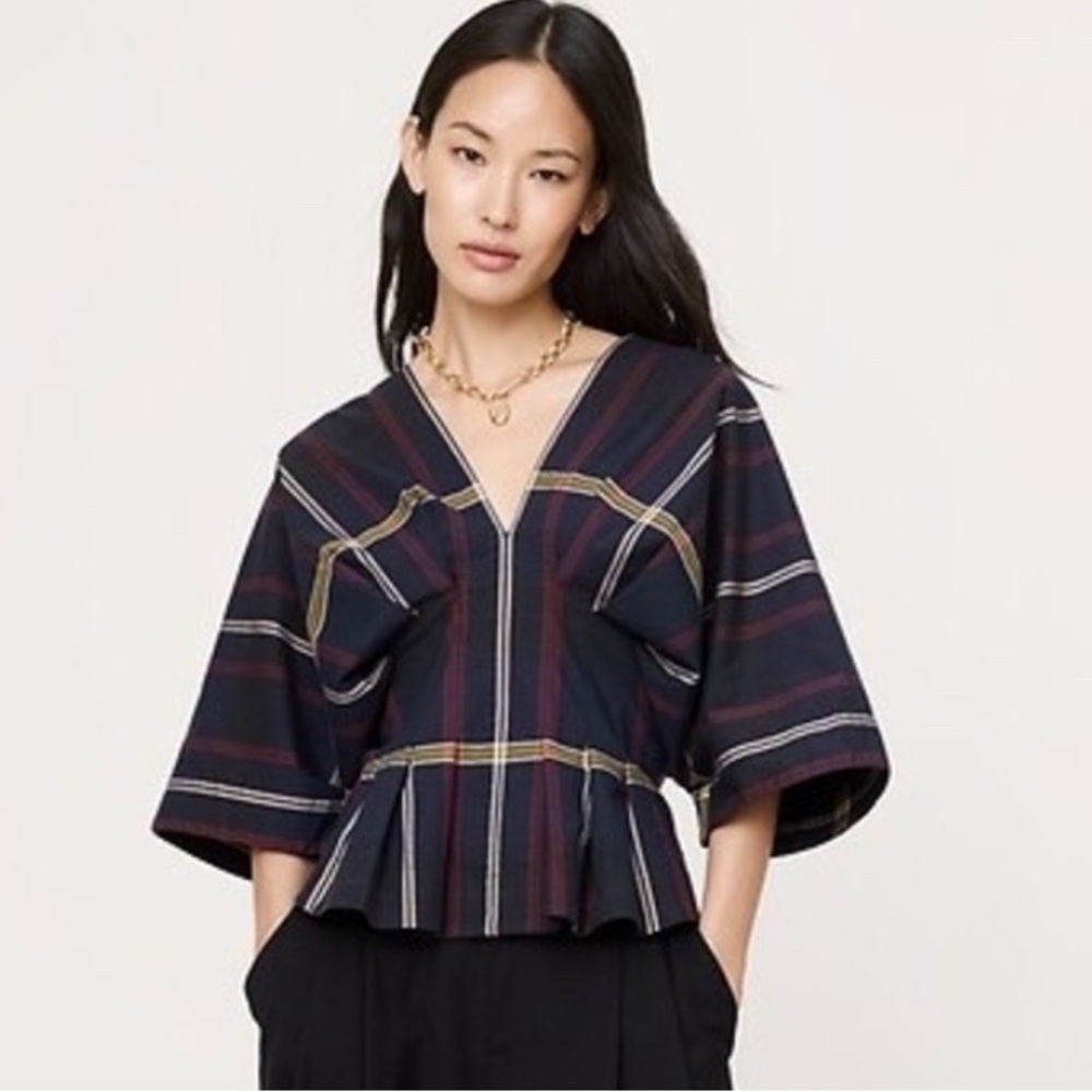 NWT! BANANA REPUBLIC BLUE PLAID STRETCH-COTTON PLEATED TOP - MEDIUM🩰